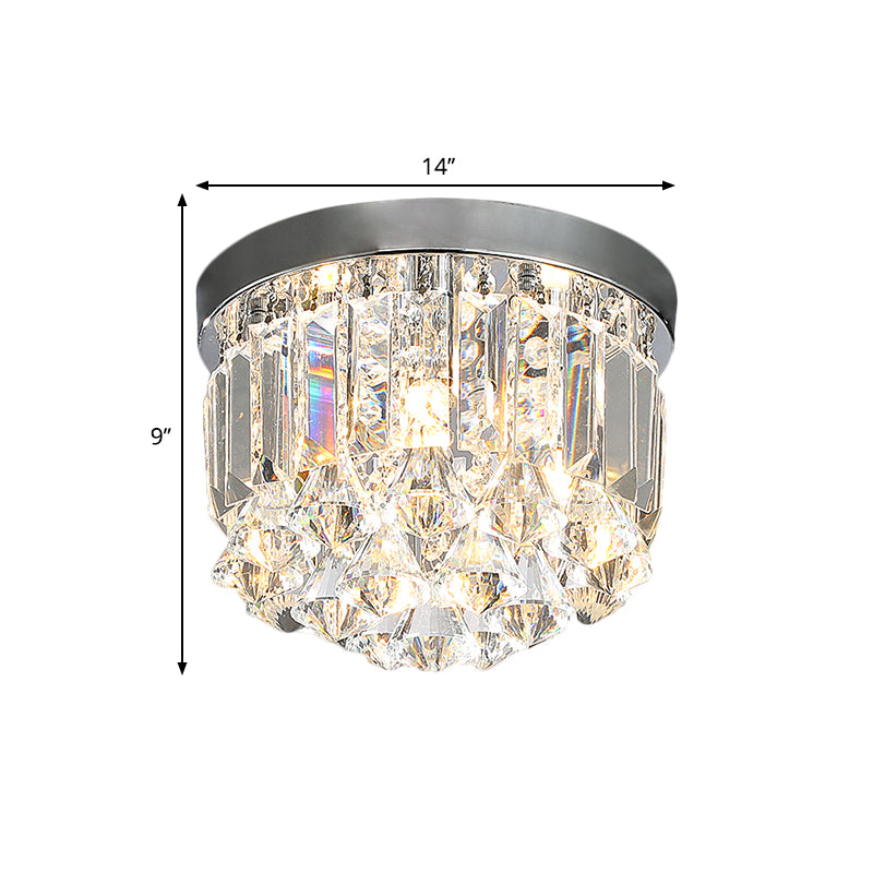 Silver Drum Flush Mount Modern Clear Crystal Prisms and Draping 3/4 Heads Corridor Lighting Fixture, 10"/14" Wide Clearhalo 'Ceiling Lights' 'Close To Ceiling Lights' 'Close to ceiling' 'Flush mount' Lighting' 1426553