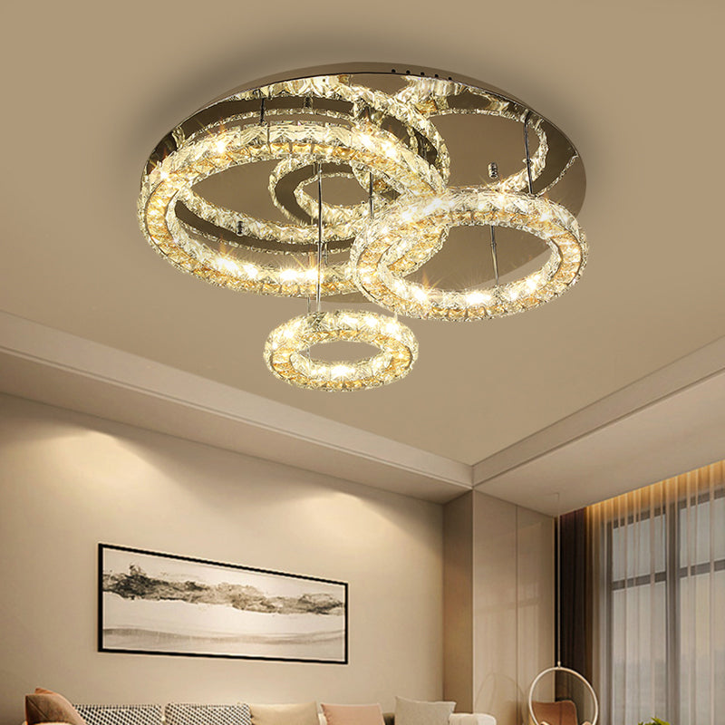 3-Ring LED Semi Flush Mount Contemporary Stainless-Steel Clear Cut Crystal Blocks Ceiling Light Fixture Stainless-Steel Clearhalo 'Ceiling Lights' 'Close To Ceiling Lights' 'Close to ceiling' 'Semi-flushmount' Lighting' 1426558