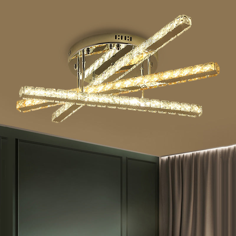 Clear Square-Cut Crystals 3-Linear Semi Flush Modern Bedchamber LED Flush Light Fixture in Stainless-Steel Stainless-Steel Clearhalo 'Ceiling Lights' 'Close To Ceiling Lights' 'Close to ceiling' 'Semi-flushmount' Lighting' 1426618