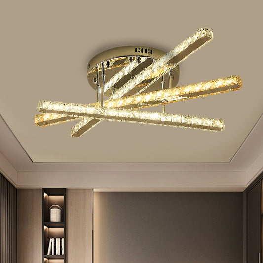 Clear Square-Cut Crystals 3-Linear Semi Flush Modern Bedchamber LED Flush Light Fixture in Stainless-Steel Clearhalo 'Ceiling Lights' 'Close To Ceiling Lights' 'Close to ceiling' 'Semi-flushmount' Lighting' 1426619