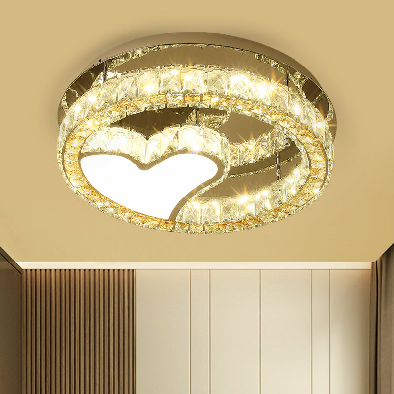 Clear Crystal Blocks Stainless-Steel Ceiling Lamp Round LED Modern Semi Flush Light with Heart Design, 18"/19.5" Wide Clearhalo 'Ceiling Lights' 'Close To Ceiling Lights' 'Close to ceiling' 'Semi-flushmount' Lighting' 1426634