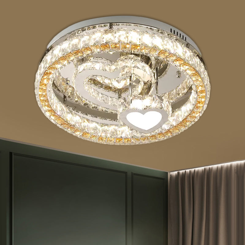 Clear Crystal Blocks Stainless-Steel Ceiling Lamp Round LED Modern Semi Flush Light with Heart Design, 18"/19.5" Wide Clearhalo 'Ceiling Lights' 'Close To Ceiling Lights' 'Close to ceiling' 'Semi-flushmount' Lighting' 1426639