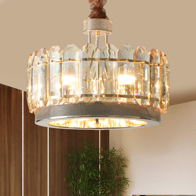 Drum Dinning Room Hanging Lamp Contemporary Clear Cut Crystal Blocks 6 Heads Gray Finish Chandelier Clearhalo 'Ceiling Lights' 'Chandeliers' 'Modern Chandeliers' 'Modern' Lighting' 1426677