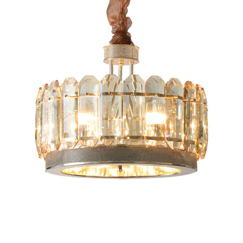 Drum Dinning Room Hanging Lamp Contemporary Clear Cut Crystal Blocks 6 Heads Gray Finish Chandelier Clearhalo 'Ceiling Lights' 'Chandeliers' 'Modern Chandeliers' 'Modern' Lighting' 1426678