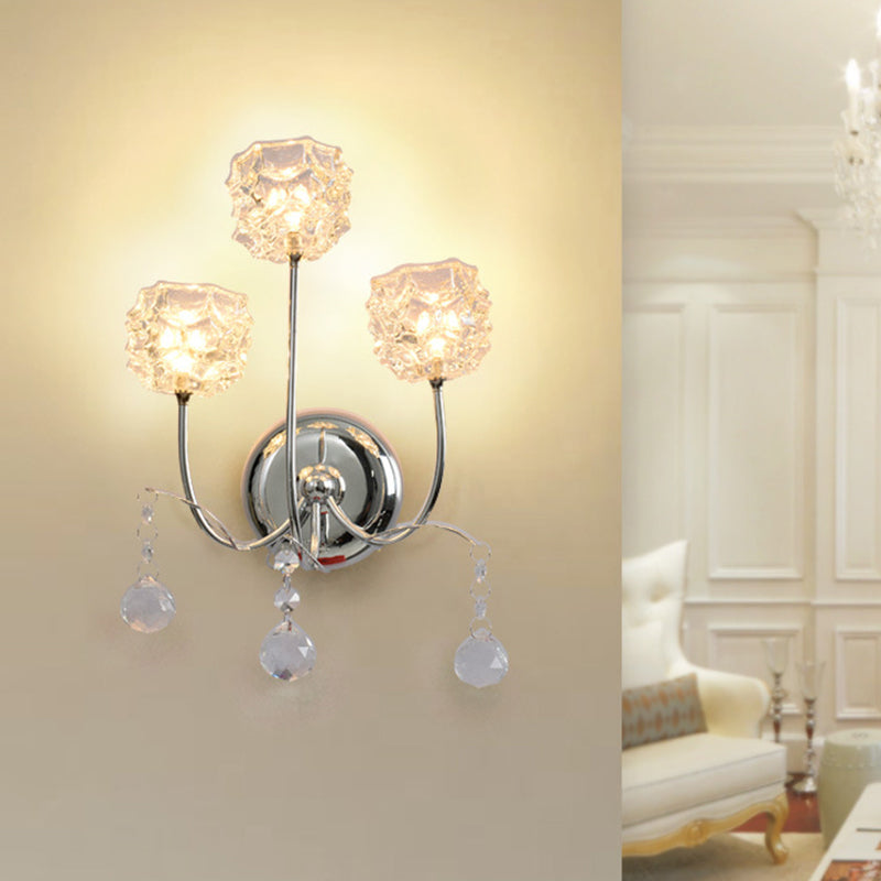 Chrome 3 Heads Wall Sconce Contemporary Metal Curvy Arm Wall Lighting with Floral Crystal Shade Chrome Clearhalo 'Cast Iron' 'Glass' 'Industrial' 'Modern wall lights' 'Modern' 'Tiffany' 'Traditional wall lights' 'Wall Lamps & Sconces' 'Wall Lights' Lighting' 1426700