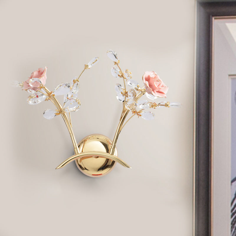 Branch Corridor Wall Lighting Contemporary Clear Crystal Raindrops 2 Heads Gold Wall Mount Lamp with Rose Design Clearhalo 'Modern wall lights' 'Modern' 'Wall Lamps & Sconces' 'Wall Lights' Lighting' 1426709