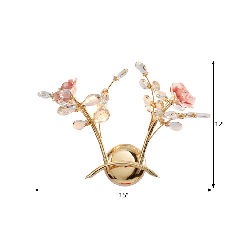 Branch Corridor Wall Lighting Contemporary Clear Crystal Raindrops 2 Heads Gold Wall Mount Lamp with Rose Design Clearhalo 'Modern wall lights' 'Modern' 'Wall Lamps & Sconces' 'Wall Lights' Lighting' 1426711