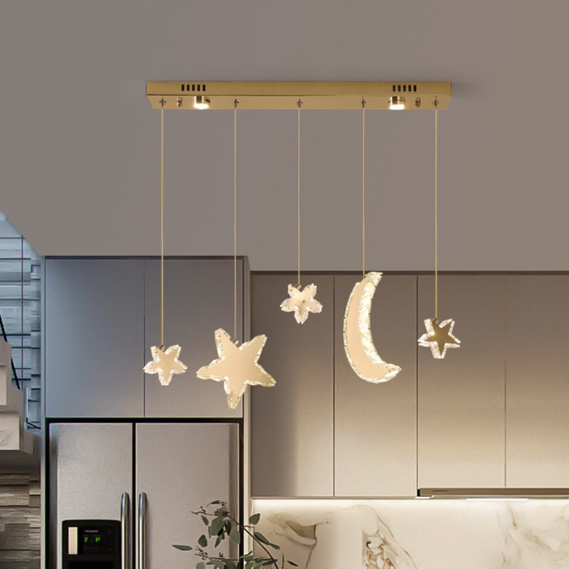 Moon and Star Bedroom Multi Hanging Light Contemporary Clear Crystal Blocks Stainless-Steel LED Pendant Lamp Stainless-Steel Clearhalo 'Ceiling Lights' 'Modern Pendants' 'Modern' 'Pendant Lights' 'Pendants' Lighting' 1426793