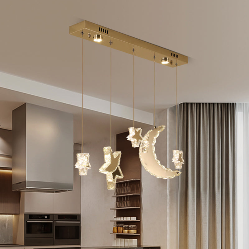Moon and Star Bedroom Multi Hanging Light Contemporary Clear Crystal Blocks Stainless-Steel LED Pendant Lamp Clearhalo 'Ceiling Lights' 'Modern Pendants' 'Modern' 'Pendant Lights' 'Pendants' Lighting' 1426794