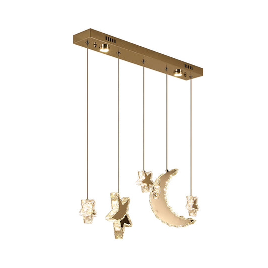 Moon and Star Bedroom Multi Hanging Light Contemporary Clear Crystal Blocks Stainless-Steel LED Pendant Lamp Clearhalo 'Ceiling Lights' 'Modern Pendants' 'Modern' 'Pendant Lights' 'Pendants' Lighting' 1426795