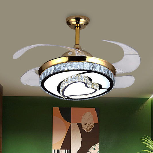 4 Blades LED Round Pendant Fan Lamp Contemporary Gold Finish Clear Crystals Semi Flush Light with Heart Design, 42" Wide Gold Clearhalo 'Ceiling Fans with Lights' 'Ceiling Fans' 'Modern Ceiling Fans' 'Modern' Lighting' 1426818