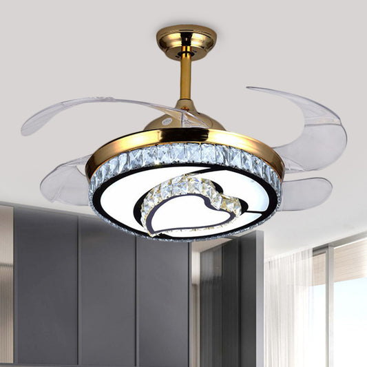 4 Blades LED Round Pendant Fan Lamp Contemporary Gold Finish Clear Crystals Semi Flush Light with Heart Design, 42" Wide Clearhalo 'Ceiling Fans with Lights' 'Ceiling Fans' 'Modern Ceiling Fans' 'Modern' Lighting' 1426819