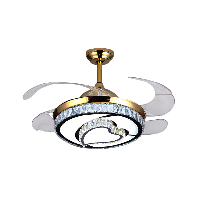 4 Blades LED Round Pendant Fan Lamp Contemporary Gold Finish Clear Crystals Semi Flush Light with Heart Design, 42" Wide Clearhalo 'Ceiling Fans with Lights' 'Ceiling Fans' 'Modern Ceiling Fans' 'Modern' Lighting' 1426820