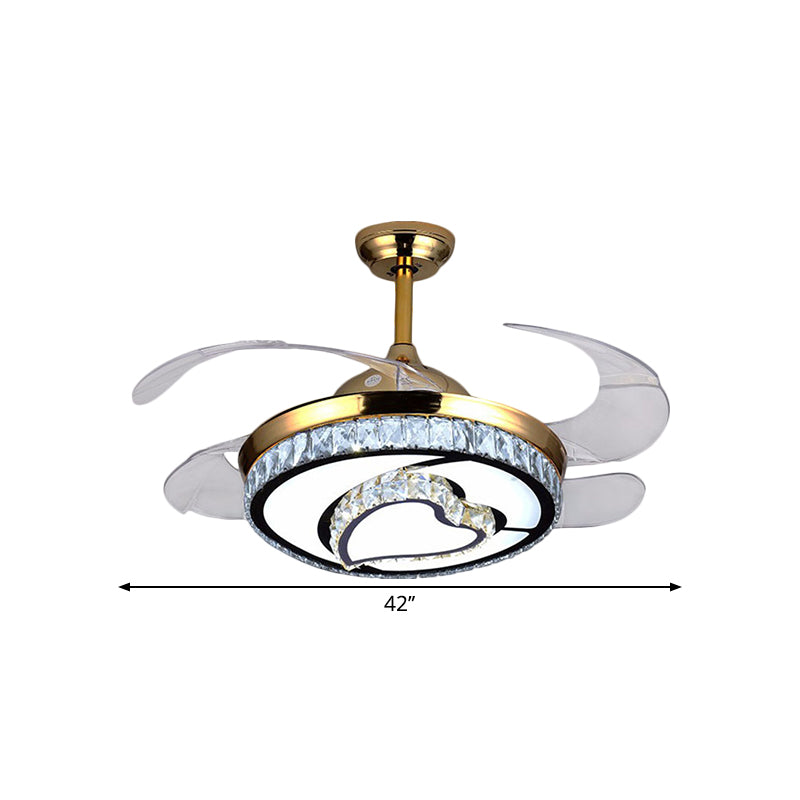 4 Blades LED Round Pendant Fan Lamp Contemporary Gold Finish Clear Crystals Semi Flush Light with Heart Design, 42" Wide Clearhalo 'Ceiling Fans with Lights' 'Ceiling Fans' 'Modern Ceiling Fans' 'Modern' Lighting' 1426821