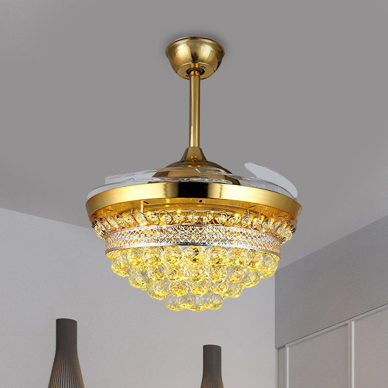 42" Width LED Semi Flush Mount Modern Tapered Clear Crystal Balls 3 Blades Hanging Fan Light in Gold Gold Clearhalo 'Ceiling Fans with Lights' 'Ceiling Fans' 'Modern Ceiling Fans' 'Modern' Lighting' 1426822