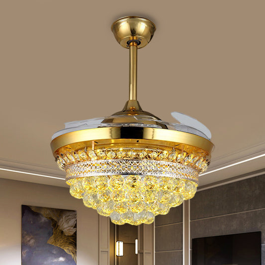 42" Width LED Semi Flush Mount Modern Tapered Clear Crystal Balls 3 Blades Hanging Fan Light in Gold Clearhalo 'Ceiling Fans with Lights' 'Ceiling Fans' 'Modern Ceiling Fans' 'Modern' Lighting' 1426823