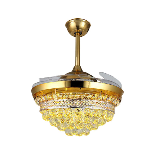 42" Width LED Semi Flush Mount Modern Tapered Clear Crystal Balls 3 Blades Hanging Fan Light in Gold Clearhalo 'Ceiling Fans with Lights' 'Ceiling Fans' 'Modern Ceiling Fans' 'Modern' Lighting' 1426824