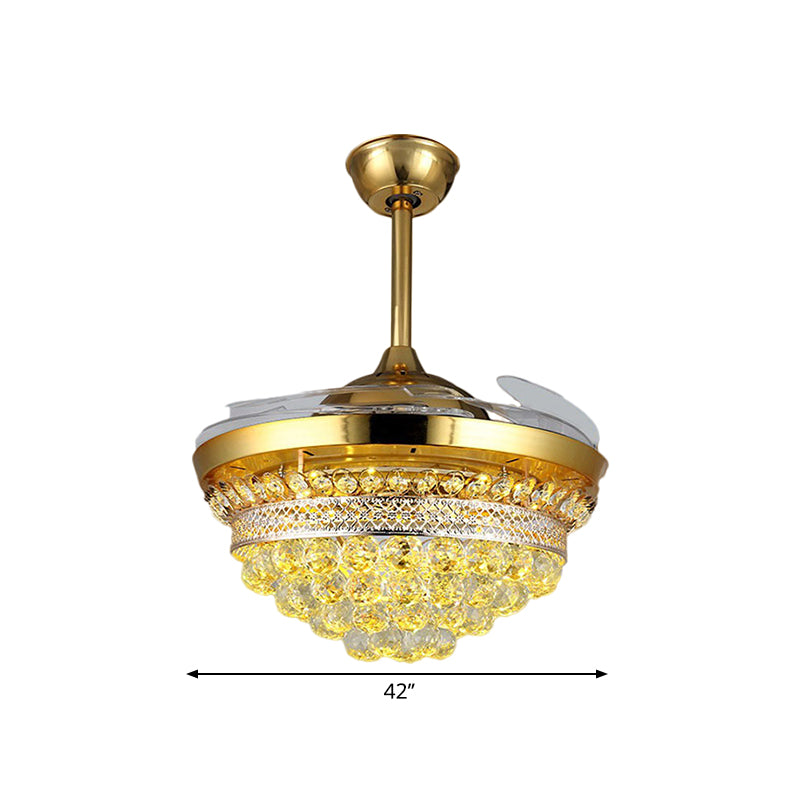 42" Width LED Semi Flush Mount Modern Tapered Clear Crystal Balls 3 Blades Hanging Fan Light in Gold Clearhalo 'Ceiling Fans with Lights' 'Ceiling Fans' 'Modern Ceiling Fans' 'Modern' Lighting' 1426825