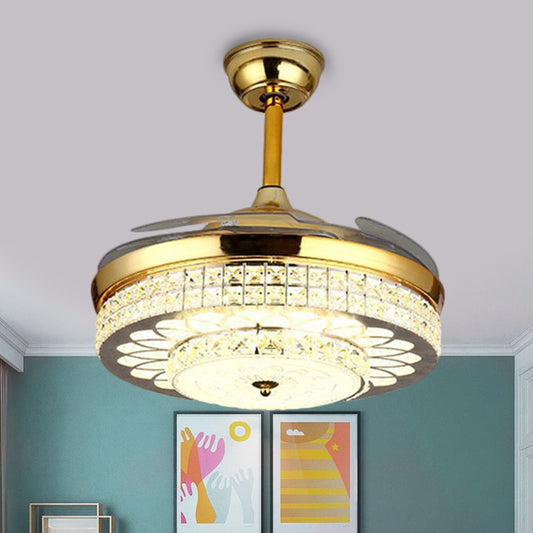 Gold Finish 42" Wide LED Semi Flush Contemporary Clear Crystal Blocks Drum Ceiling Fan Light with 3 Blades Clearhalo 'Ceiling Fans with Lights' 'Ceiling Fans' 'Modern Ceiling Fans' 'Modern' Lighting' 1426827