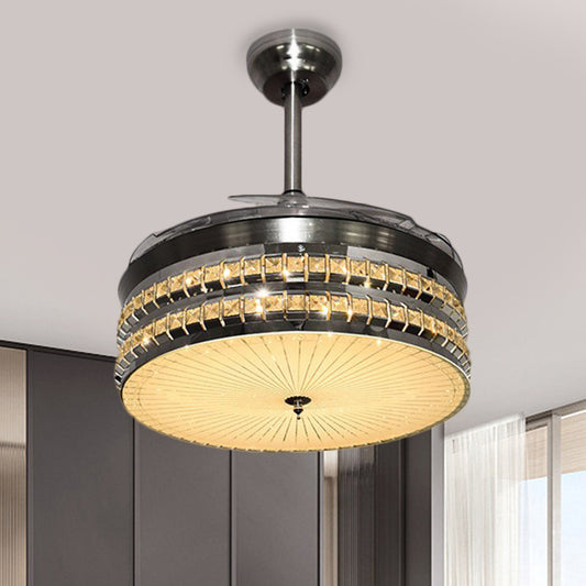 Chrome LED Pendant Fan Light Modern Clear Beveled Crystal Blocks Drum 3 Blades Semi Flush Mount, 42" Width Clearhalo 'Ceiling Fans with Lights' 'Ceiling Fans' 'Modern Ceiling Fans' 'Modern' Lighting' 1426831