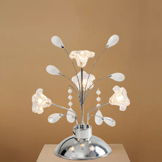 Branching Bedroom Table Light Contemporary Clear Crystal Teardrops 4 Heads Chrome Nightstand Lamp with Lily Shade Chrome Clearhalo 'Lamps' 'Table Lamps' Lighting' 1426839