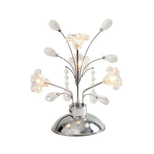 Branching Bedroom Table Light Contemporary Clear Crystal Teardrops 4 Heads Chrome Nightstand Lamp with Lily Shade Clearhalo 'Lamps' 'Table Lamps' Lighting' 1426841
