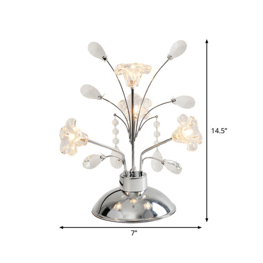 Branching Bedroom Table Light Contemporary Clear Crystal Teardrops 4 Heads Chrome Nightstand Lamp with Lily Shade Clearhalo 'Lamps' 'Table Lamps' Lighting' 1426842