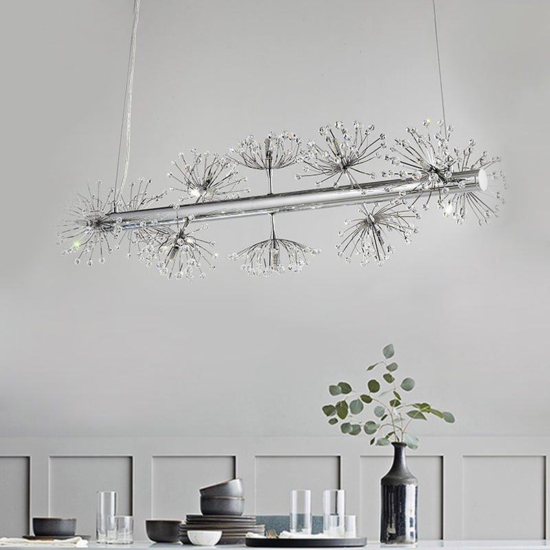 10 Heads Clear Crystals Island Lamp Contemporary Chrome Dandelion Dinning Room Pendant Lighting Chrome Clearhalo 'Ceiling Lights' 'Island Lights' Lighting' 1426864