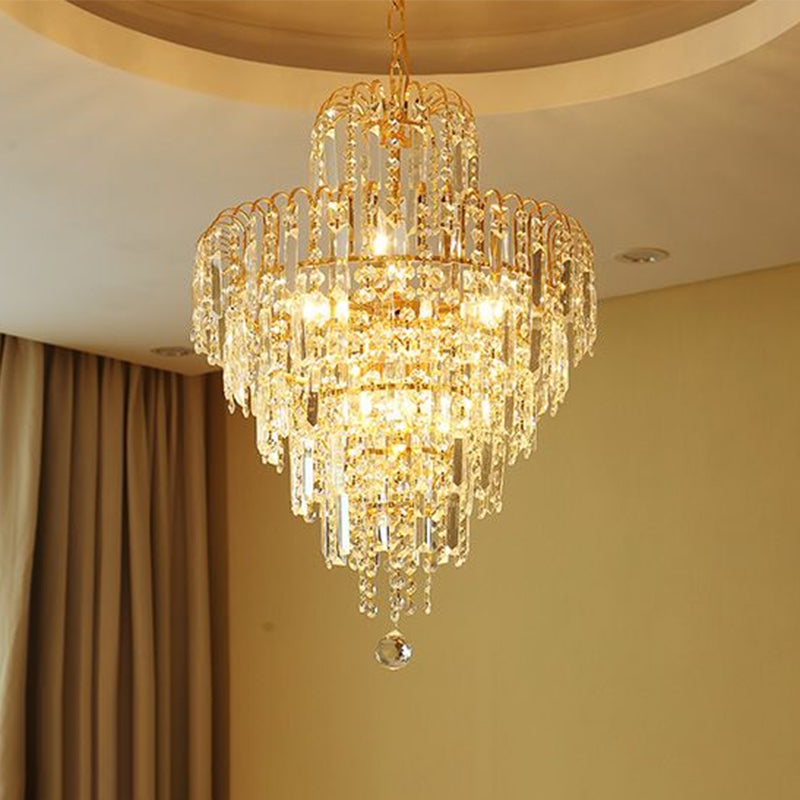 Tapered Chandelier Lamp Modern Hand-Cut Crystal 12"/16" Wide 3/6-Head Gold Suspended Lighting Fixture Gold Clearhalo 'Ceiling Lights' 'Chandeliers' 'Modern Chandeliers' 'Modern' Lighting' 1426905