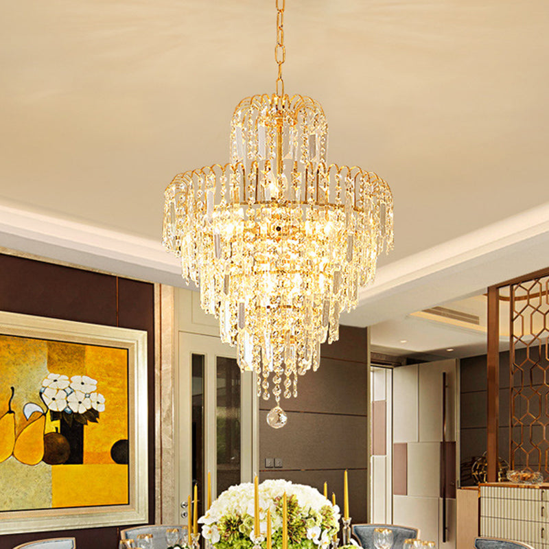 Tapered Chandelier Lamp Modern Hand-Cut Crystal 12"/16" Wide 3/6-Head Gold Suspended Lighting Fixture Clearhalo 'Ceiling Lights' 'Chandeliers' 'Modern Chandeliers' 'Modern' Lighting' 1426906