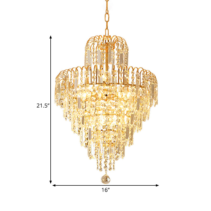 Tapered Chandelier Lamp Modern Hand-Cut Crystal 12"/16" Wide 3/6-Head Gold Suspended Lighting Fixture Clearhalo 'Ceiling Lights' 'Chandeliers' 'Modern Chandeliers' 'Modern' Lighting' 1426909