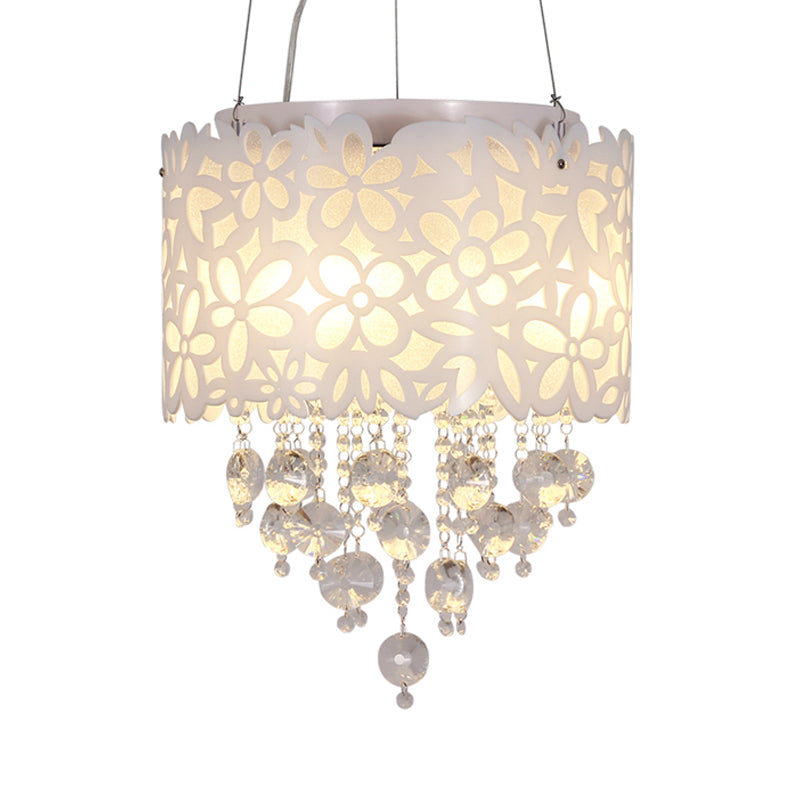 4 Heads Drum Hanging Lamp Contemporary Metal Chandelier Lighting in White with Crystal Droplets Clearhalo 'Ceiling Lights' 'Chandeliers' 'Modern Chandeliers' 'Modern' Lighting' 1426931