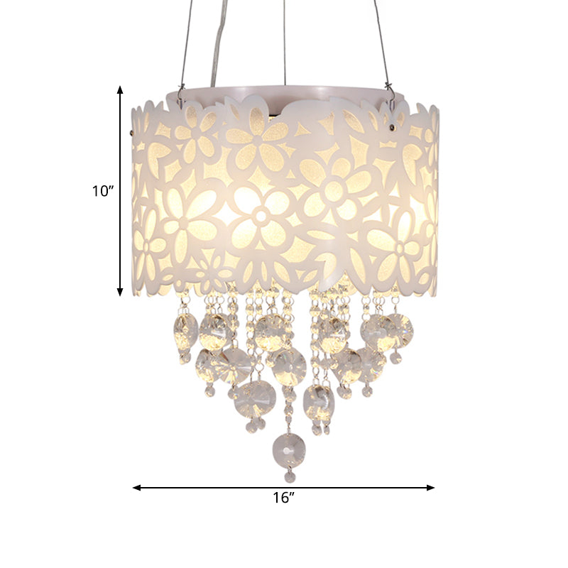 4 Heads Drum Hanging Lamp Contemporary Metal Chandelier Lighting in White with Crystal Droplets Clearhalo 'Ceiling Lights' 'Chandeliers' 'Modern Chandeliers' 'Modern' Lighting' 1426933