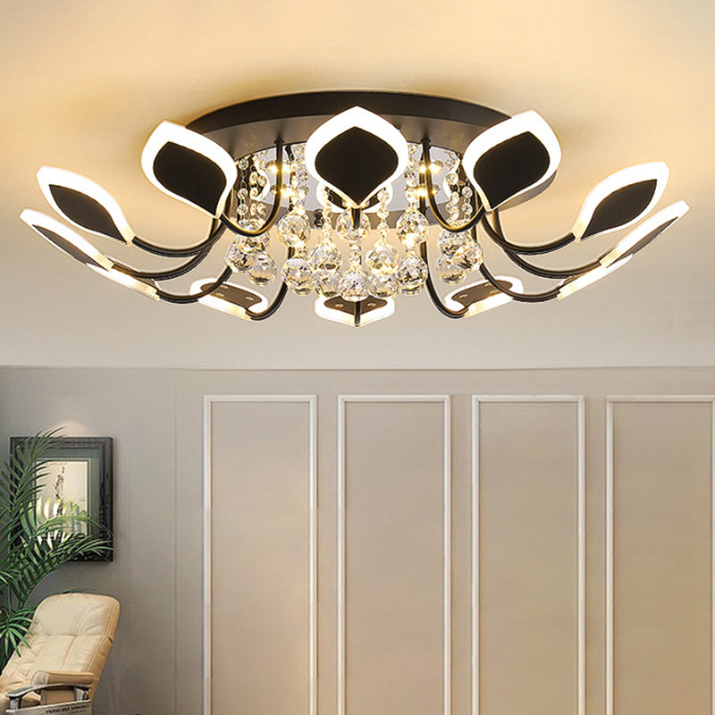 10/12 Heads Parlor Flush Mount Lamp Contemporary Black/White Ceiling Lighting with Raindrop Crystal Shade, Warm/White Light 12 Black Clearhalo 'Ceiling Lights' 'Close To Ceiling Lights' 'Close to ceiling' 'Flush mount' Lighting' 1426999