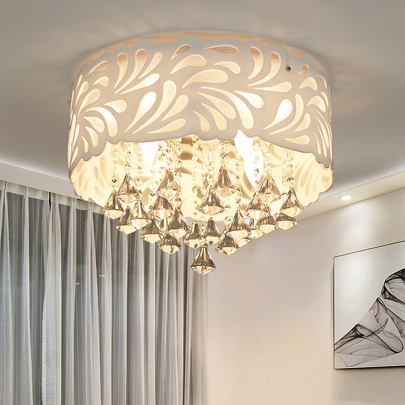 18"/23.5"/12.5" Wide Cone Flushmount Modern Clear Crystal 8/12-Bulb/LED White Ceiling Light Fixture with Drum Shade White 18" Clearhalo 'Ceiling Lights' 'Close To Ceiling Lights' 'Close to ceiling' 'Flush mount' Lighting' 1427187