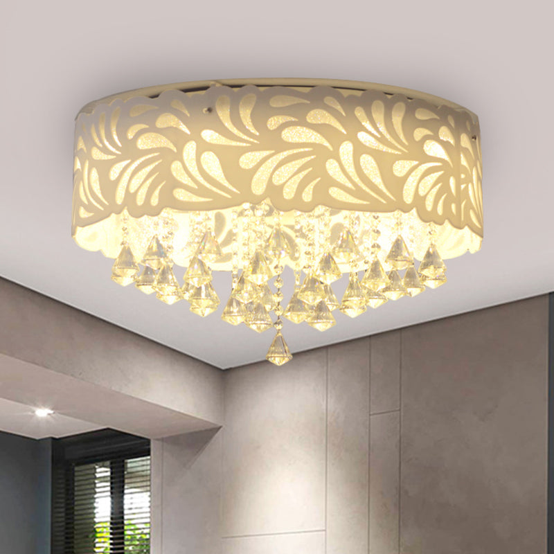 18"/23.5"/12.5" Wide Cone Flushmount Modern Clear Crystal 8/12-Bulb/LED White Ceiling Light Fixture with Drum Shade White 23.5" Clearhalo 'Ceiling Lights' 'Close To Ceiling Lights' 'Close to ceiling' 'Flush mount' Lighting' 1427192