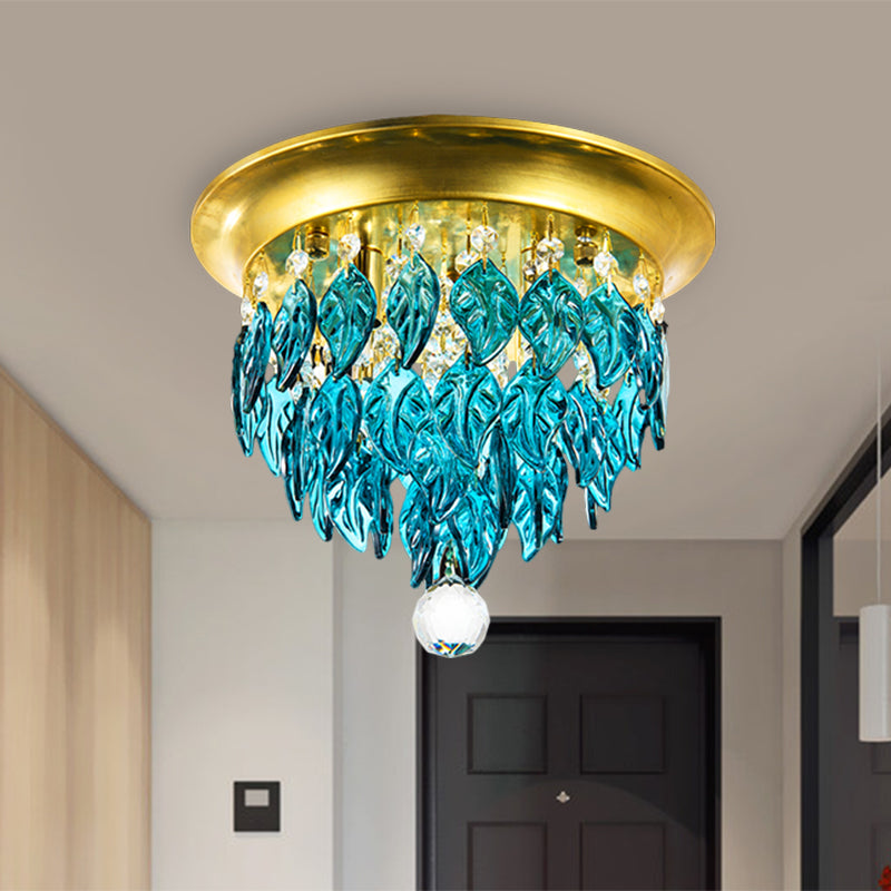 Leave Flush Mount Lamp Modern Style Clear/Clear and Blue/Lake Blue Crystal 4 Bulbs Sleeping Room Ceiling Light in Gold - Lake Blue - Clearhalo - 'Ceiling Lights' - 'Close To Ceiling Lights' - 'Close to ceiling' - 'Flush mount' - Lighting' - 1427268
