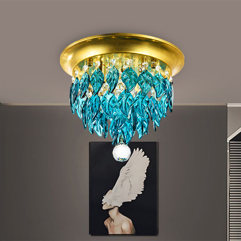 Leave Flush Mount Lamp Modern Style Clear/Clear and Blue/Lake Blue Crystal 4 Bulbs Sleeping Room Ceiling Light in Gold - Clearhalo - 'Ceiling Lights' - 'Close To Ceiling Lights' - 'Close to ceiling' - 'Flush mount' - Lighting' - 1427269