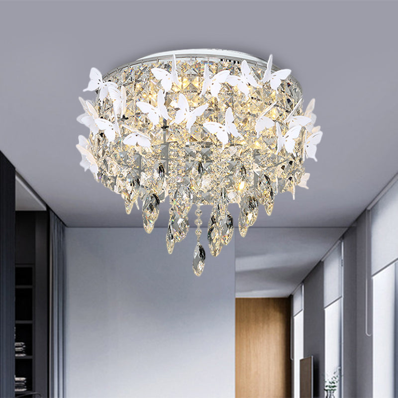Drum Clear/Amber/Lake Blue Crystal Flush Mount Contemporary Silver LED Ceiling Fixture with Butterfly Deco in Warm/White Light