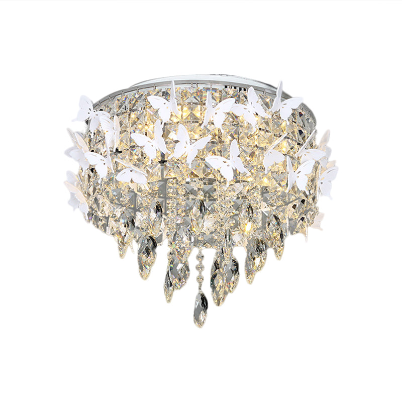 Drum Clear/Amber/Lake Blue Crystal Flush Mount Contemporary Silver LED Ceiling Fixture with Butterfly Deco in Warm/White Light