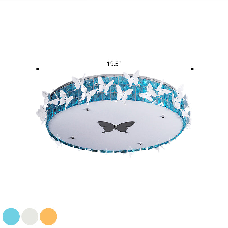 Drum LED Flushmount Lighting Modern Clear/Amber/Lake Blue Crystal Bedroom Ceiling Mounted Fixture with Butterfly Decor, 19.5"/25.5" Wide