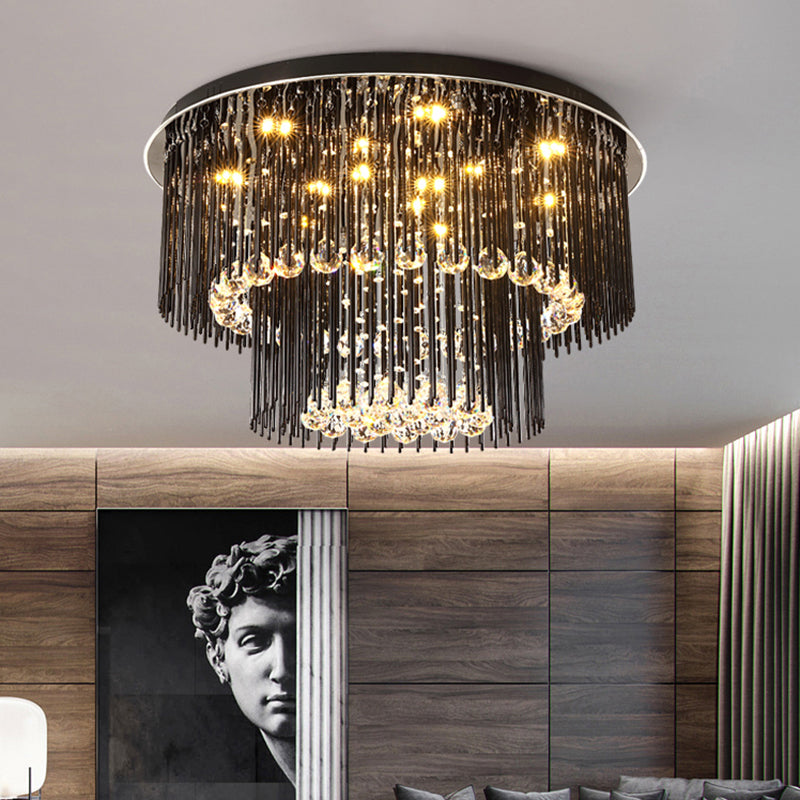Modern Dual-Tiered Ceiling Flush Crystal Orbs LED Parlor Flush Mount Light Fixture in Black, 19.5"/23.5" Wide - Black - Clearhalo - 'Ceiling Lights' - 'Close To Ceiling Lights' - 'Close to ceiling' - 'Flush mount' - Lighting' - 1427337