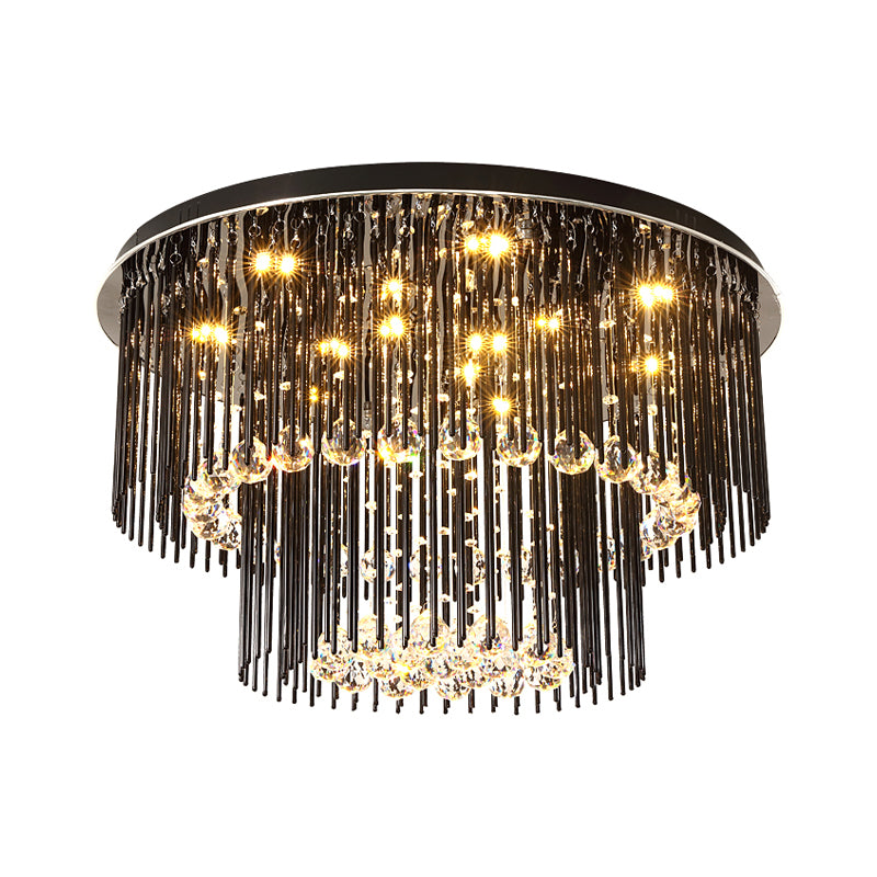 Modern Dual-Tiered Ceiling Flush Crystal Orbs LED Parlor Flush Mount Light Fixture in Black, 19.5"/23.5" Wide - Clearhalo - 'Ceiling Lights' - 'Close To Ceiling Lights' - 'Close to ceiling' - 'Flush mount' - Lighting' - 1427339