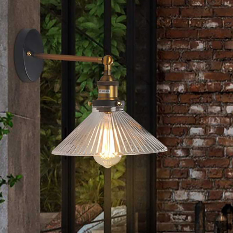Clear Ribbed Glass Cone/Flower Wall Sconce Industrial 1 Light Living Room Lighting Fixture in Brass For Dining Room Brass Cone Clearhalo 'Cast Iron' 'Glass' 'Industrial wall lights' 'Industrial' 'Middle century wall lights' 'Modern' 'Tiffany' 'Traditional wall lights' 'Wall Lamps & Sconces' 'Wall Lights' Lighting' 142756