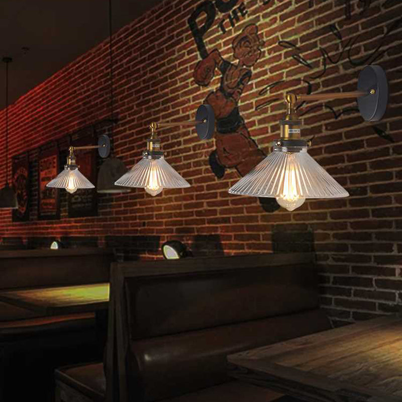 Clear Ribbed Glass Cone/Flower Wall Sconce Industrial 1 Light Living Room Lighting Fixture in Brass For Dining Room Clearhalo 'Cast Iron' 'Glass' 'Industrial wall lights' 'Industrial' 'Middle century wall lights' 'Modern' 'Tiffany' 'Traditional wall lights' 'Wall Lamps & Sconces' 'Wall Lights' Lighting' 142757