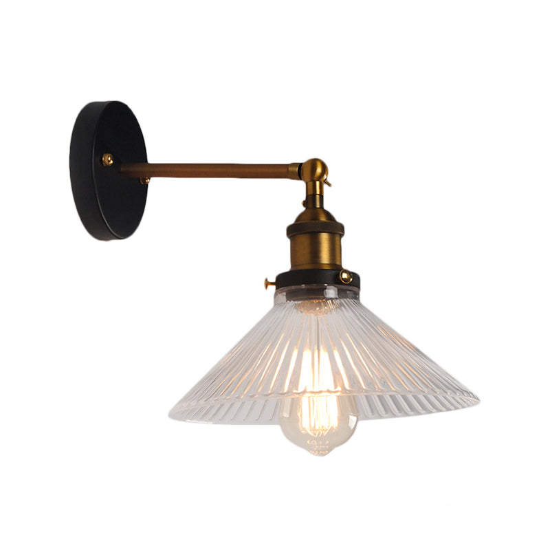 Clear Ribbed Glass Cone/Flower Wall Sconce Industrial 1 Light Living Room Lighting Fixture in Brass For Dining Room Clearhalo 'Cast Iron' 'Glass' 'Industrial wall lights' 'Industrial' 'Middle century wall lights' 'Modern' 'Tiffany' 'Traditional wall lights' 'Wall Lamps & Sconces' 'Wall Lights' Lighting' 142758