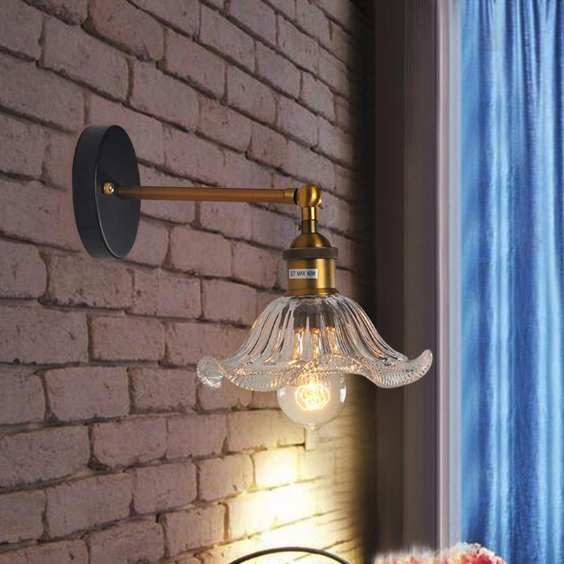 Clear Ribbed Glass Cone/Flower Wall Sconce Industrial 1 Light Living Room Lighting Fixture in Brass For Dining Room Brass Flower Clearhalo 'Cast Iron' 'Glass' 'Industrial wall lights' 'Industrial' 'Middle century wall lights' 'Modern' 'Tiffany' 'Traditional wall lights' 'Wall Lamps & Sconces' 'Wall Lights' Lighting' 142760