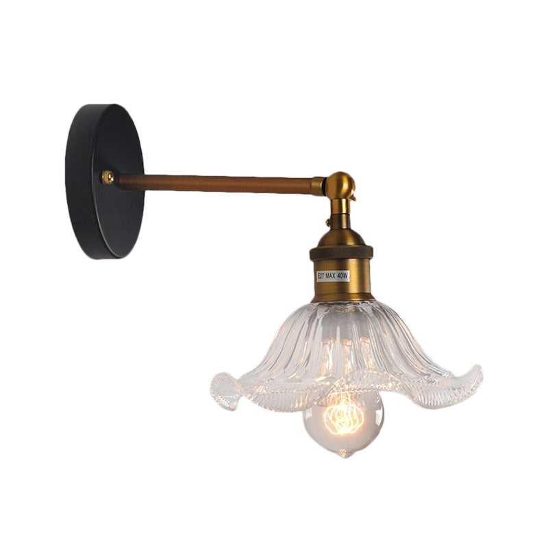 Clear Ribbed Glass Cone/Flower Wall Sconce Industrial 1 Light Living Room Lighting Fixture in Brass For Dining Room Clearhalo 'Cast Iron' 'Glass' 'Industrial wall lights' 'Industrial' 'Middle century wall lights' 'Modern' 'Tiffany' 'Traditional wall lights' 'Wall Lamps & Sconces' 'Wall Lights' Lighting' 142761