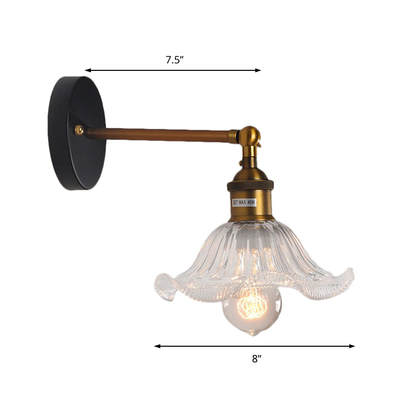 Clear Ribbed Glass Cone/Flower Wall Sconce Industrial 1 Light Living Room Lighting Fixture in Brass For Dining Room Clearhalo 'Cast Iron' 'Glass' 'Industrial wall lights' 'Industrial' 'Middle century wall lights' 'Modern' 'Tiffany' 'Traditional wall lights' 'Wall Lamps & Sconces' 'Wall Lights' Lighting' 142762