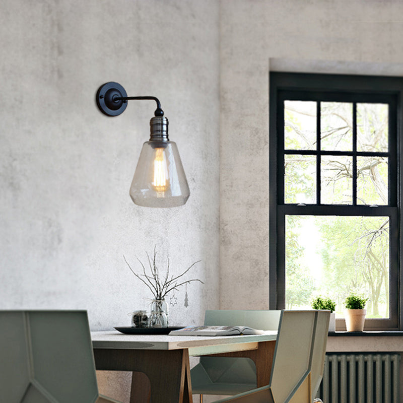 Rustic Style Tapered Shade Wall Lighting Fixture Single Bulb Clear Glass Sconce Light in Black for Kitchen Black Clearhalo 'Cast Iron' 'Glass' 'Industrial wall lights' 'Industrial' 'Middle century wall lights' 'Modern' 'Tiffany' 'Traditional wall lights' 'Wall Lamps & Sconces' 'Wall Lights' Lighting' 142878